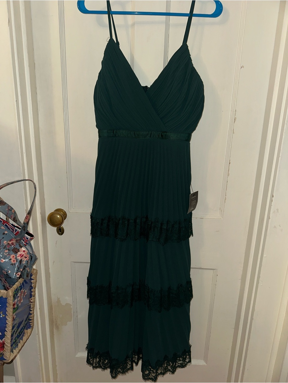 Lulus NWT Elegant Dark Green Lace-Trim Spaghetti Strap Dress XS